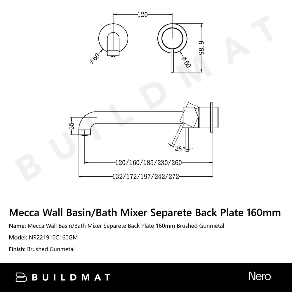 Nero Mecca Wall Basin/Bath Mixer Separate Back Plate 160mm Gunmetal - Image 4
