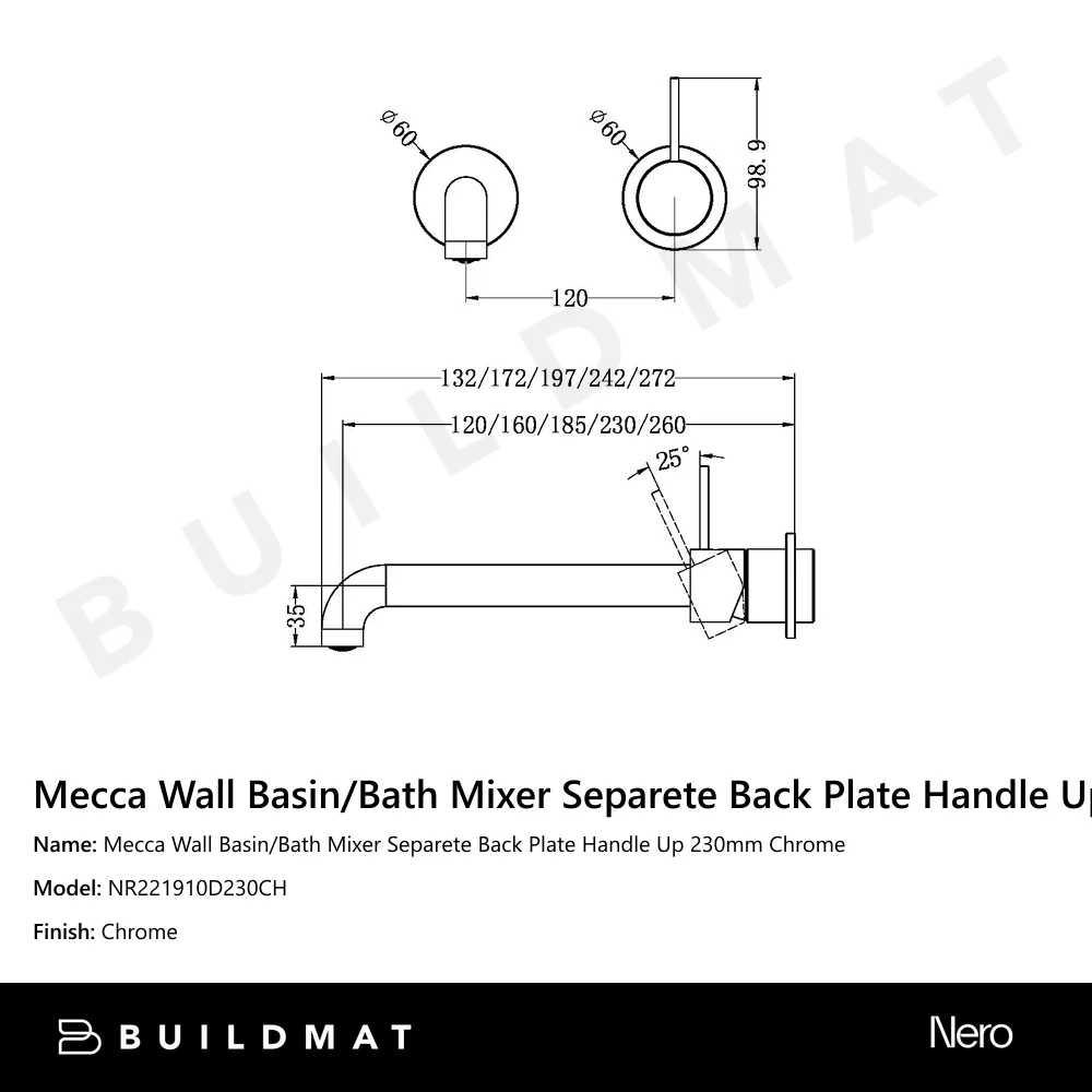 Nero Mecca Wall Basin/Bath Mixer Separate Back Plate Handle Up 230mm Chrome - Image 4