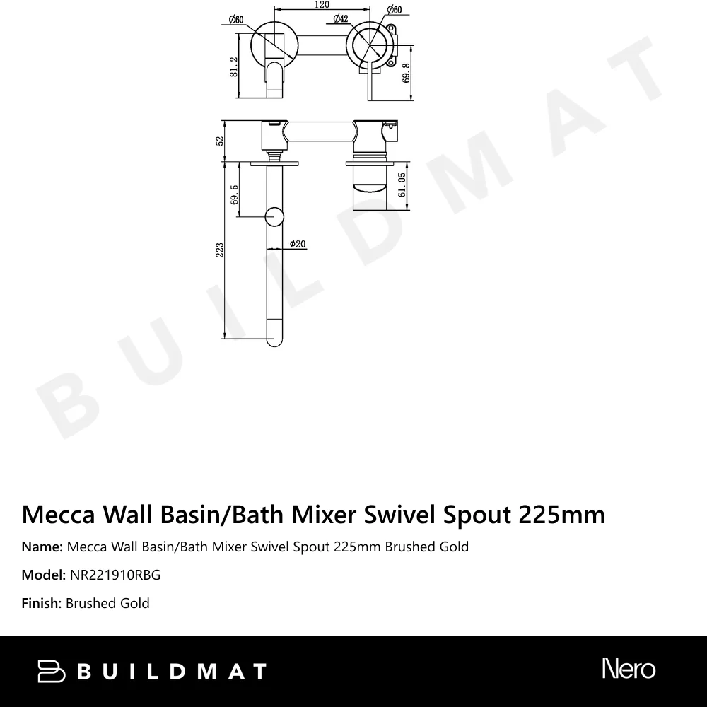Nero Mecca Wall Basin/Bath Mixer Swivel Spout 225mm Brushed Gold - Image 4