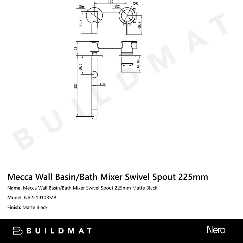 Nero Mecca Wall Basin/Bath Mixer Swivel Spout 225mm Matte Black - Image 4