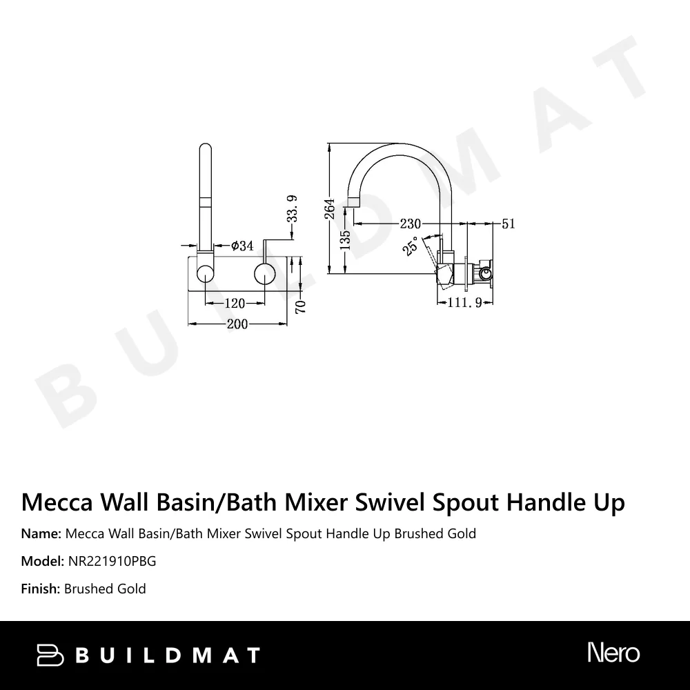 Nero Mecca Wall Basin/Bath Mixer Swivel Spout Handle Up Brushed Gold - Image 4