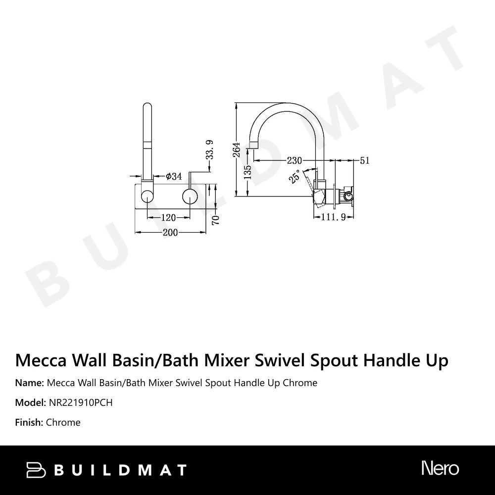 Nero Mecca Wall Basin/Bath Mixer Swivel Spout Handle Up Chrome - Image 4