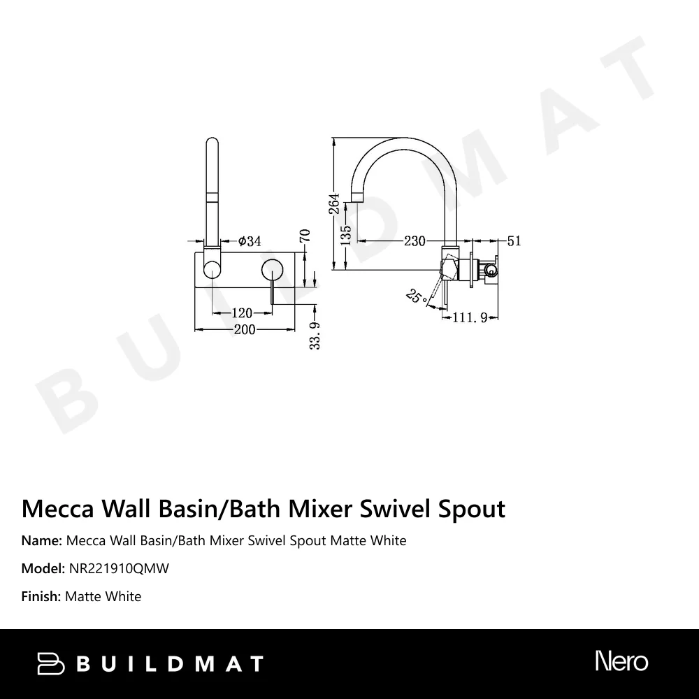 Nero Mecca Wall Basin/Bath Mixer Swivel Spout Matte White - Image 4