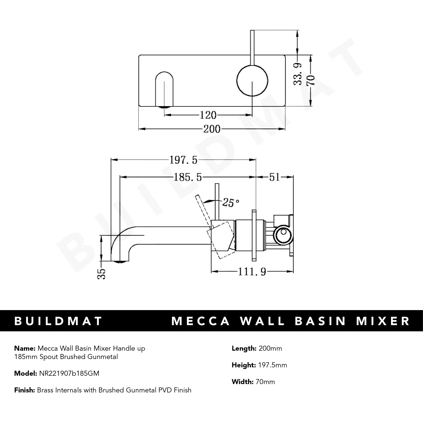 Nero Mecca Wall Basin Mixer Handle Up 185mm Spout Brushed Gunmetal - Image 6