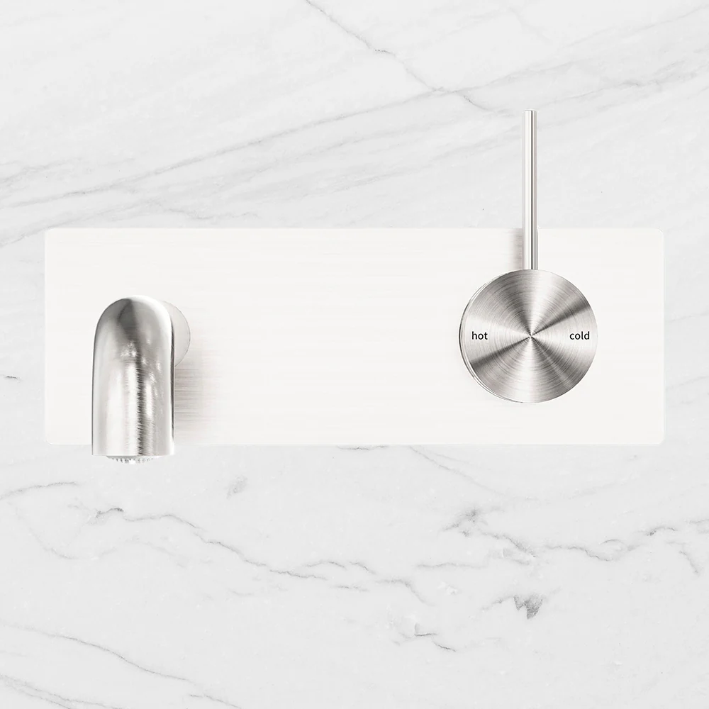Nero Mecca Wall Basin Mixer Handle Up 185mm Spout Brushed Nickel - Image 2