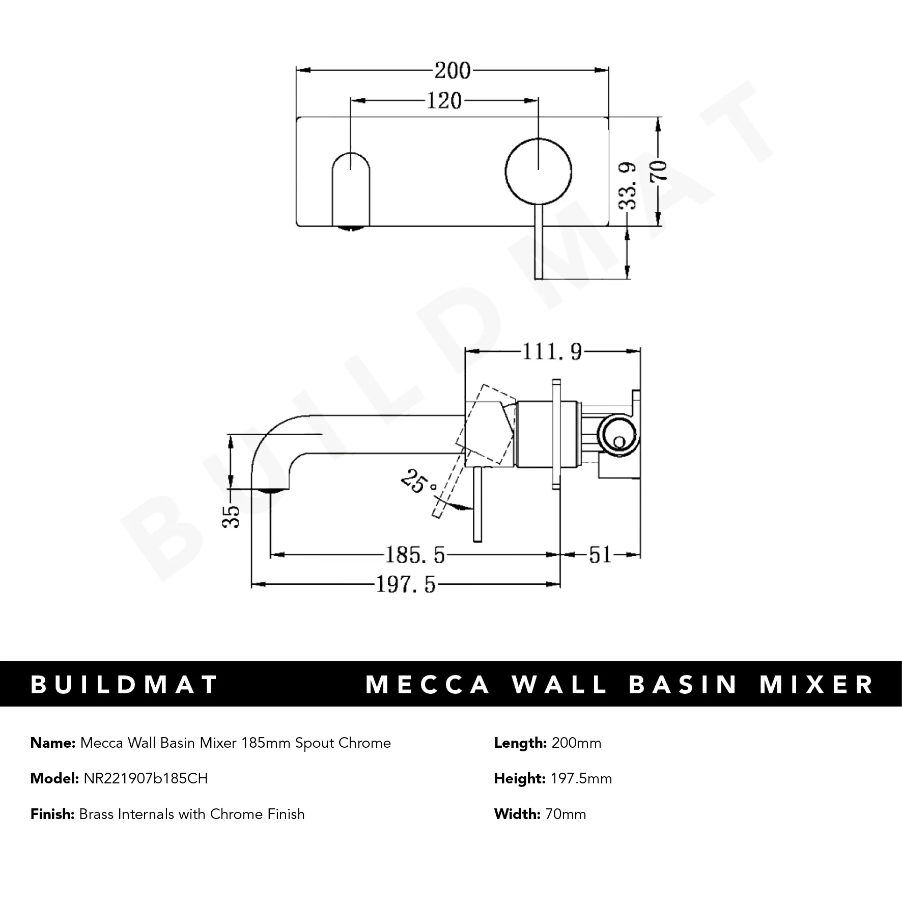 Nero Mecca Wall Basin Mixer Handle Up 185mm Spout Chrome - Image 6