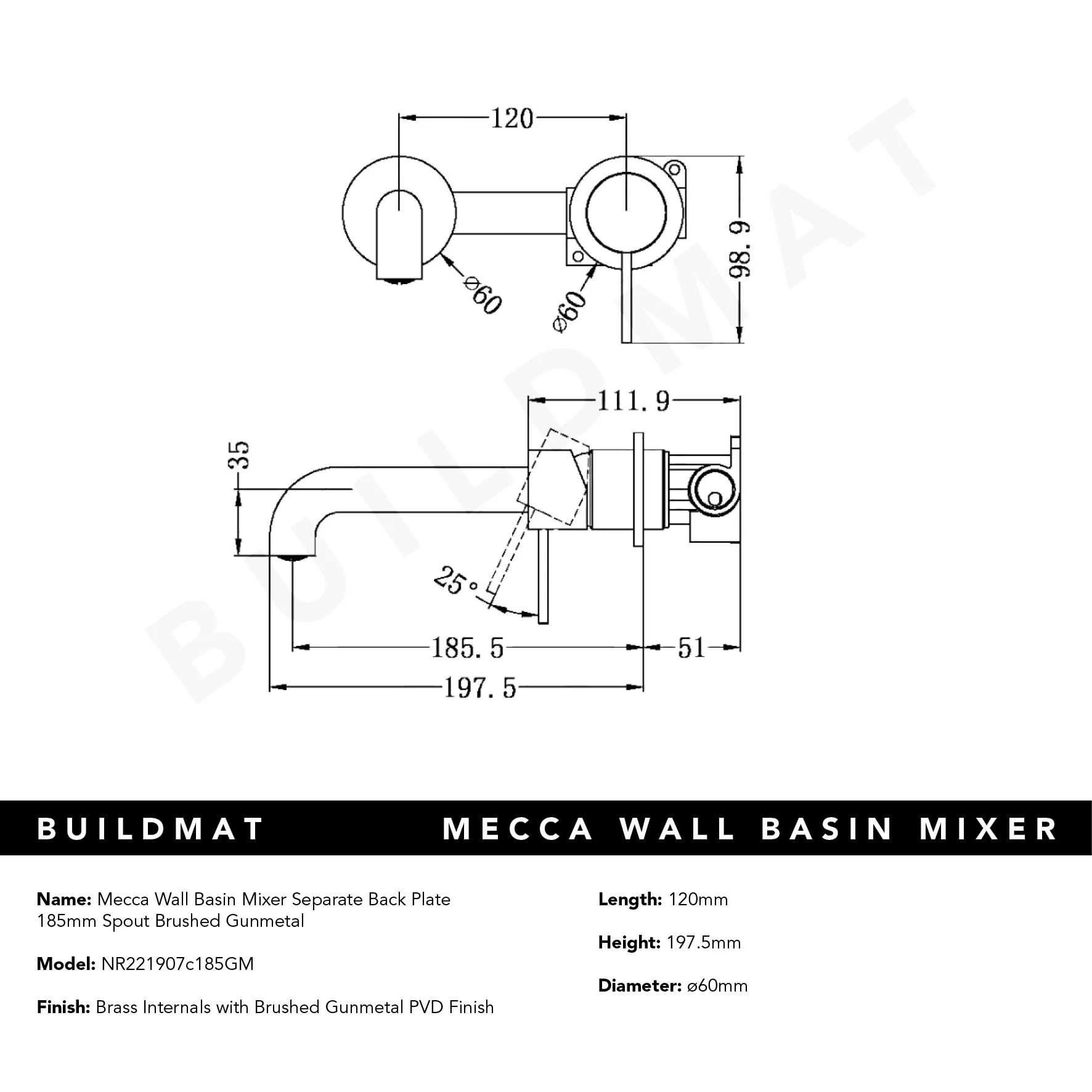 Nero Mecca Wall Basin Mixer Separate Back Plate 185mm Spout Brushed Gunmetal - Image 6