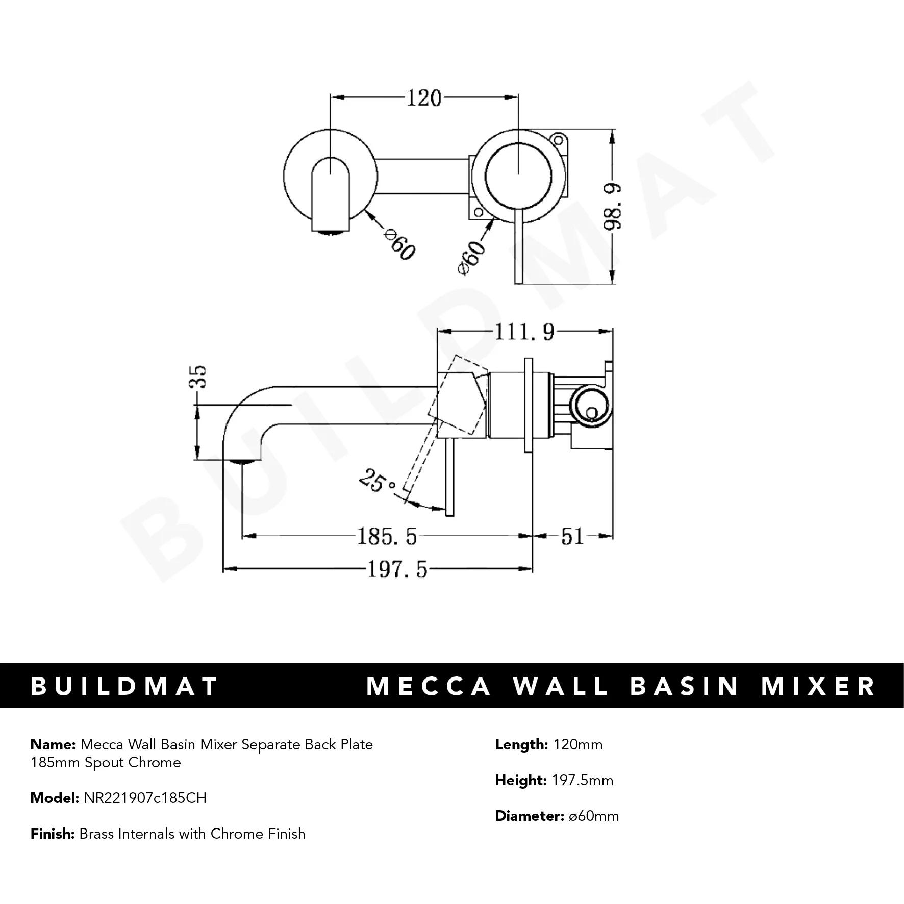 Nero Mecca Wall Basin Mixer Separate Back Plate 185mm Spout Brushed Nickel - Image 6