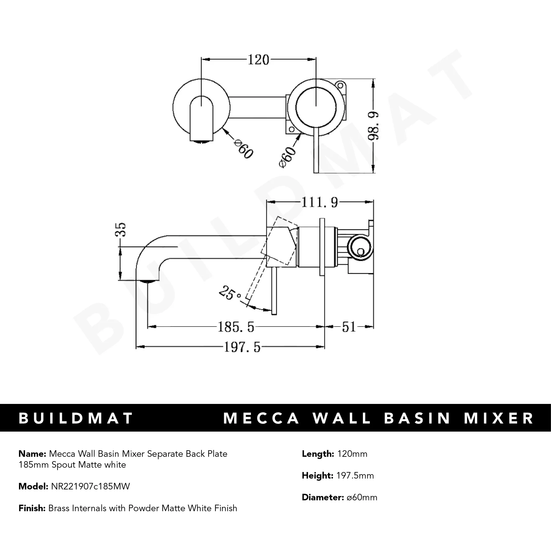 Nero Mecca Wall Basin Mixer Separate Back Plate 185mm Spout Matte White - Image 6