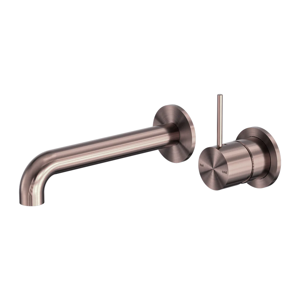 Nero Mecca Wall Basin Mixer Separate Back Plate Handle Up 185mm Spout Brushed Bronze