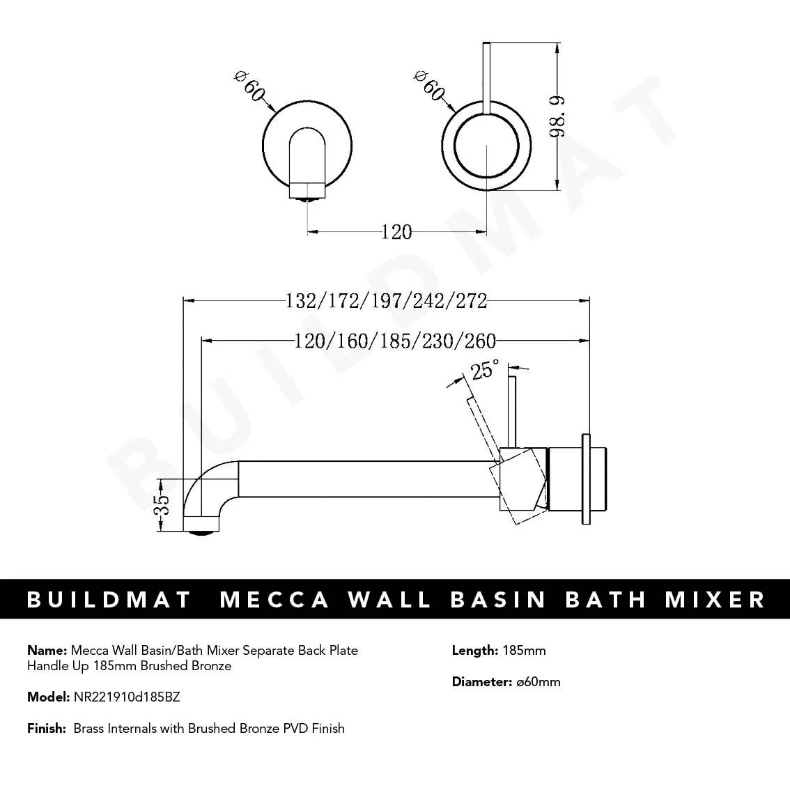 Nero Mecca Wall Basin Mixer Separate Back Plate Handle Up 185mm Spout Brushed Bronze - Image 6