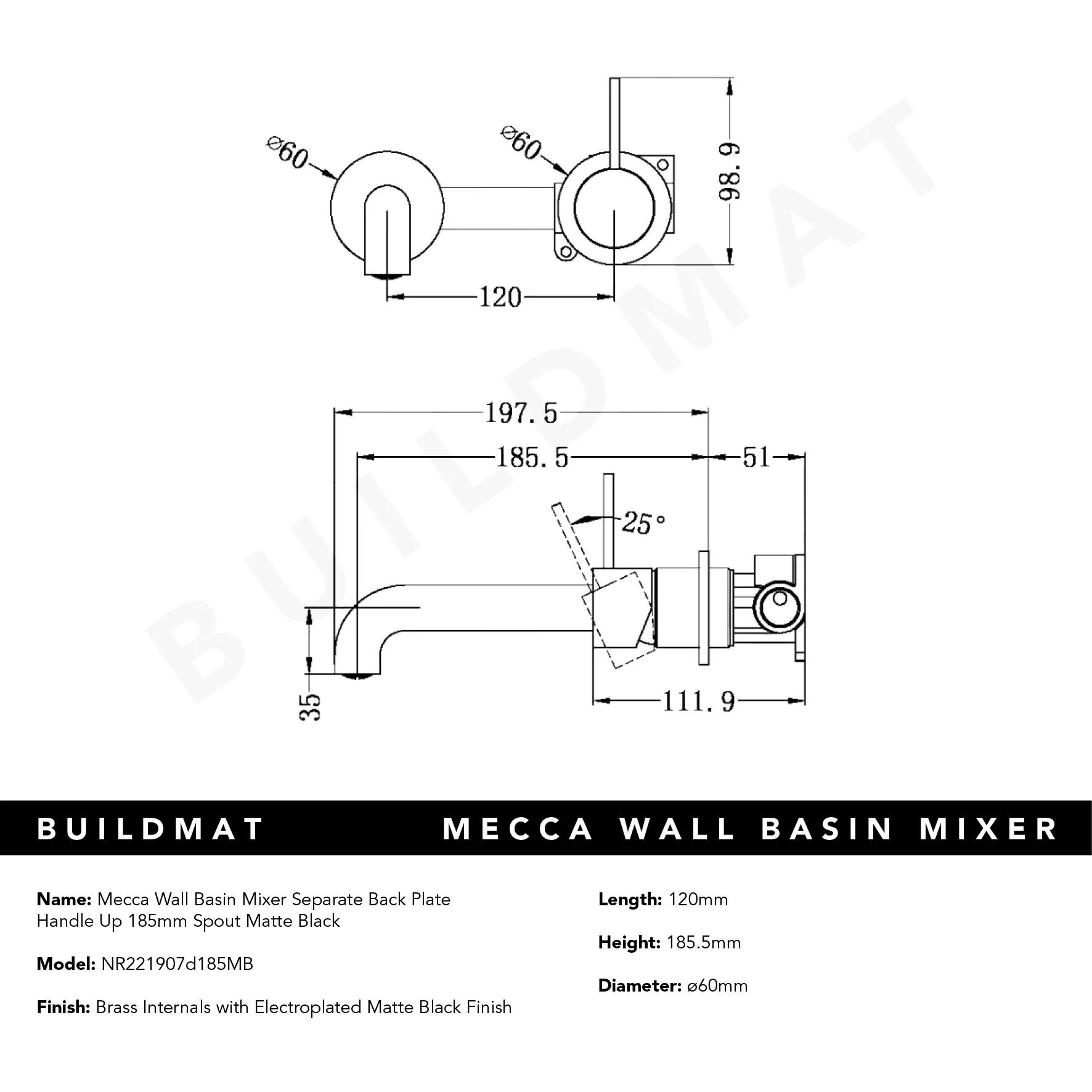 Nero Mecca Wall Basin Mixer Separate Back Plate Handle Up 185mm Spout Matte Black - Image 6