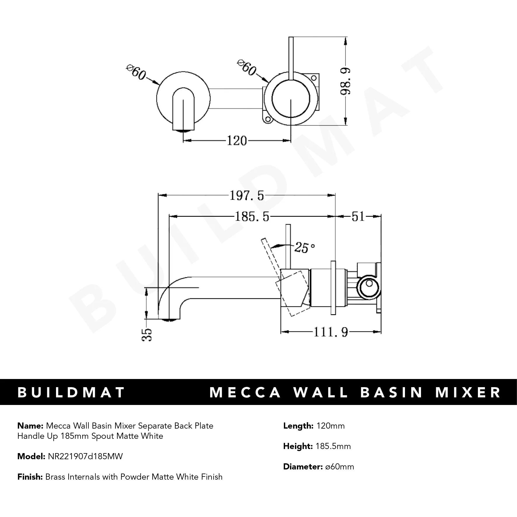 Nero Mecca Wall Basin Mixer Separate Back Plate Handle Up 185mm Spout Matte White - Image 6