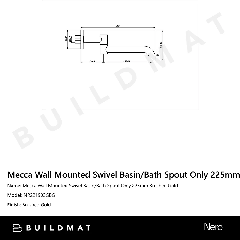Nero Mecca Wall Mounted Swivel Basin/Bath Spout Only 225mm Brushed Gold - Image 4