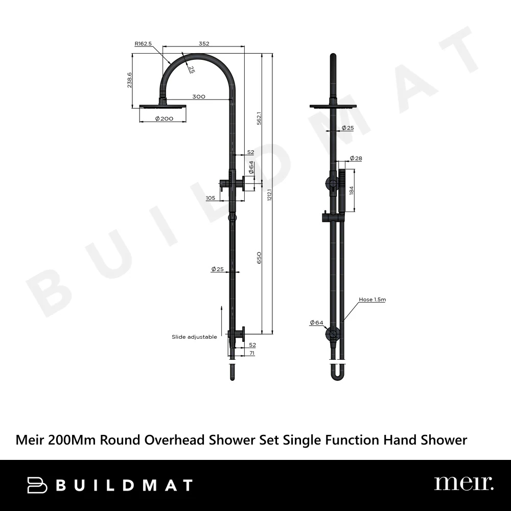 Meir 200mm Round Overhead Shower Set Single Function Hand Shower Matte Black - Image 4