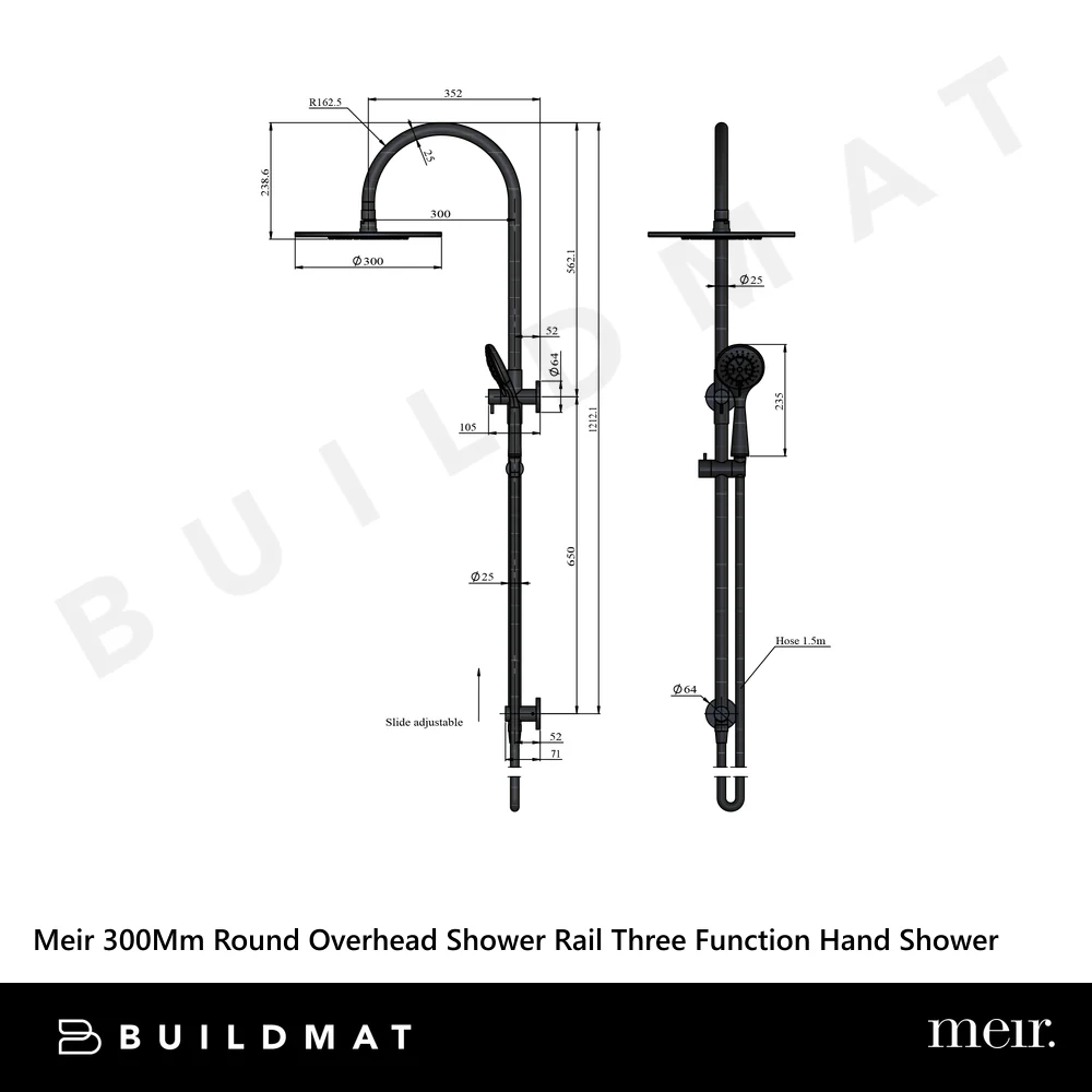 Meir 300mm Round Overhead Shower Rail Three Function Hand Shower Polished Chrome - Image 4