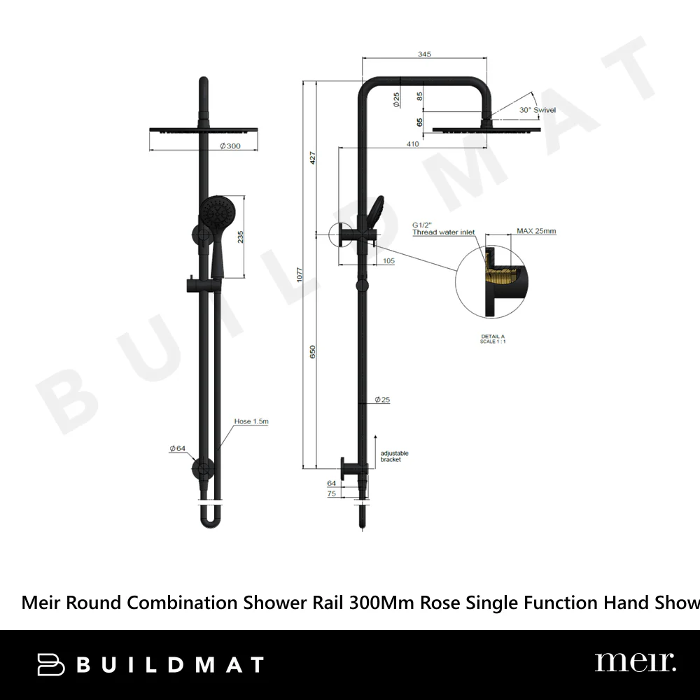 Meir Round Combination Shower Rail 300mm Rose Single Function Hand Shower Polished Chrome - Image 4