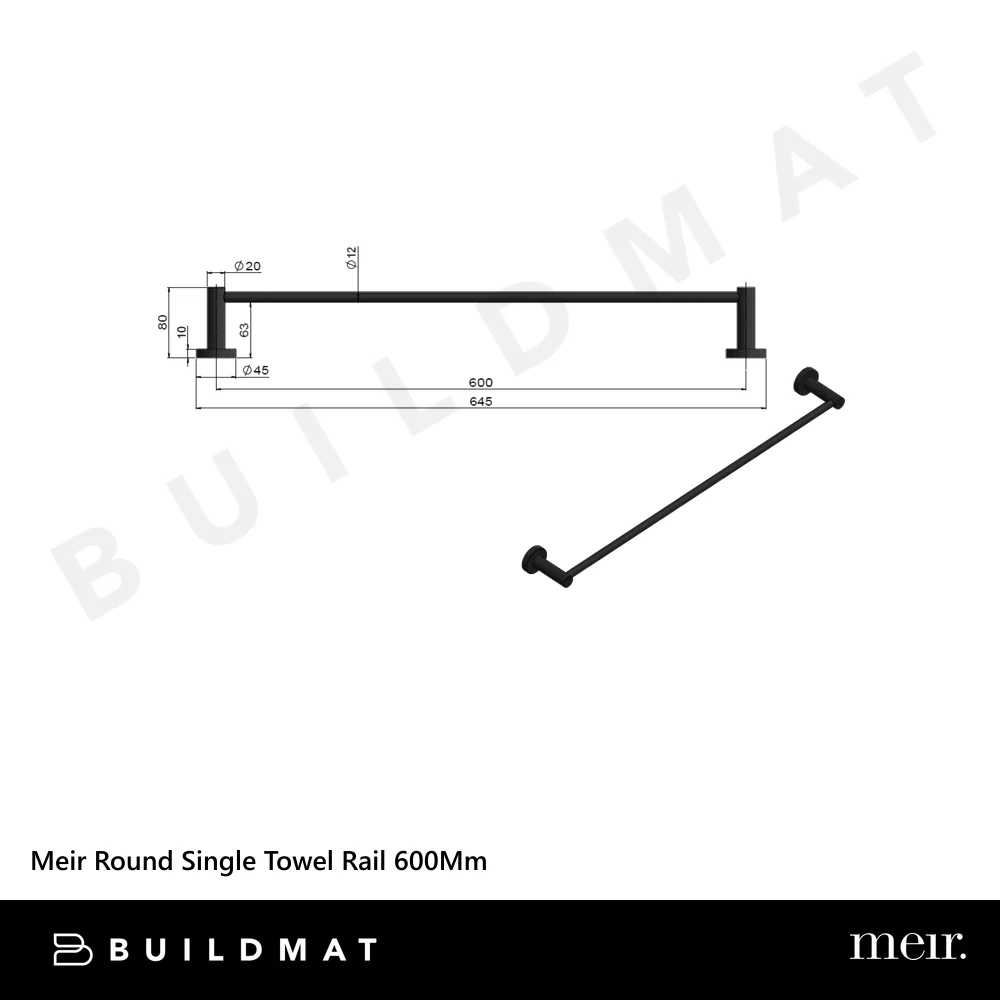 Meir Round Single Towel Rail 600mm Matte Black - Image 4