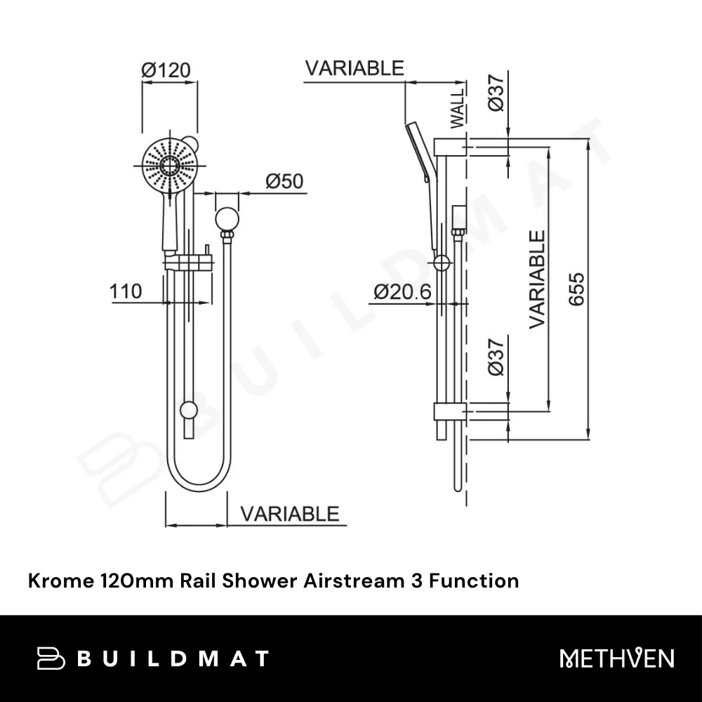 Methven Krome 120mm Rail Shower Airstream 3 Function Chrome - Image 4