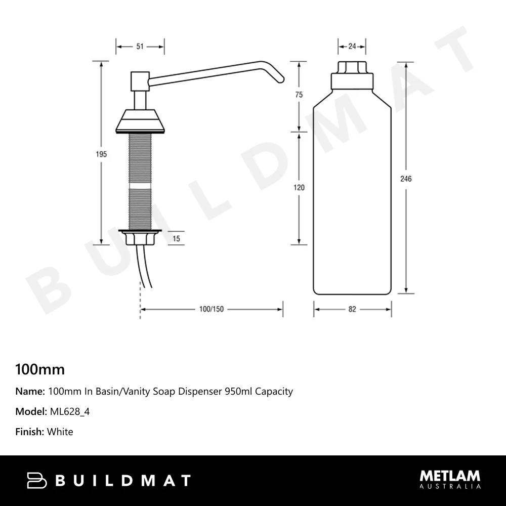 Metlam 100mm In Basin/Vanity Soap Dispenser 950ml Capacity - Image 4
