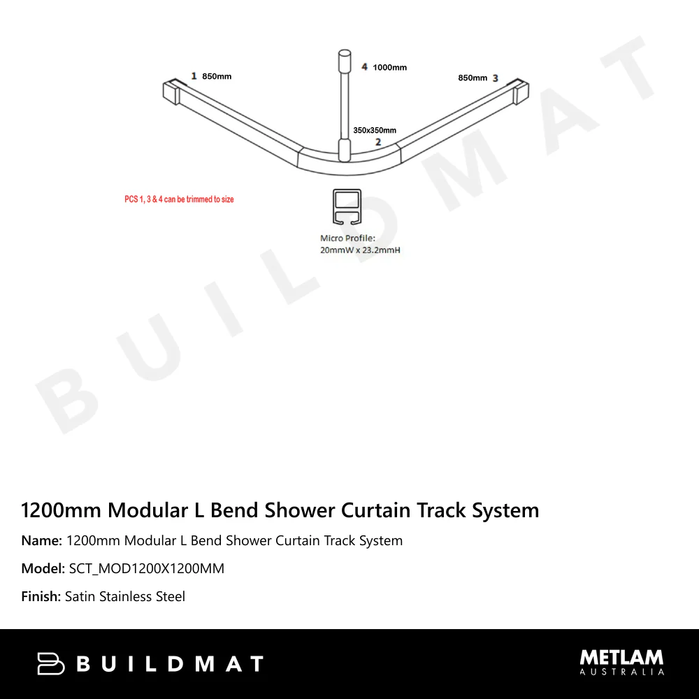Metlam 1200mm Modular L Bend Shower Curtain Track System - Image 4
