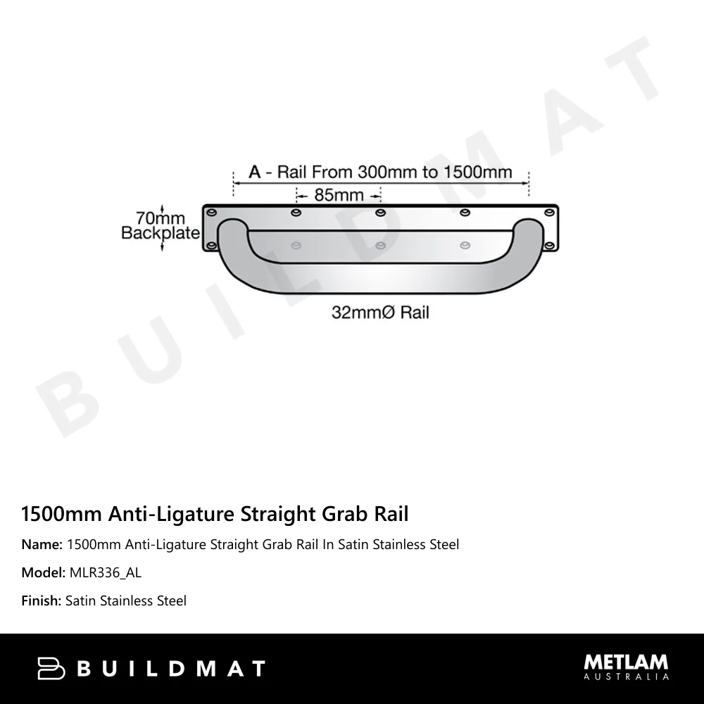Metlam 1500mm Anti-Ligature Straight Grab Rail In Satin Stainless Steel - Image 4