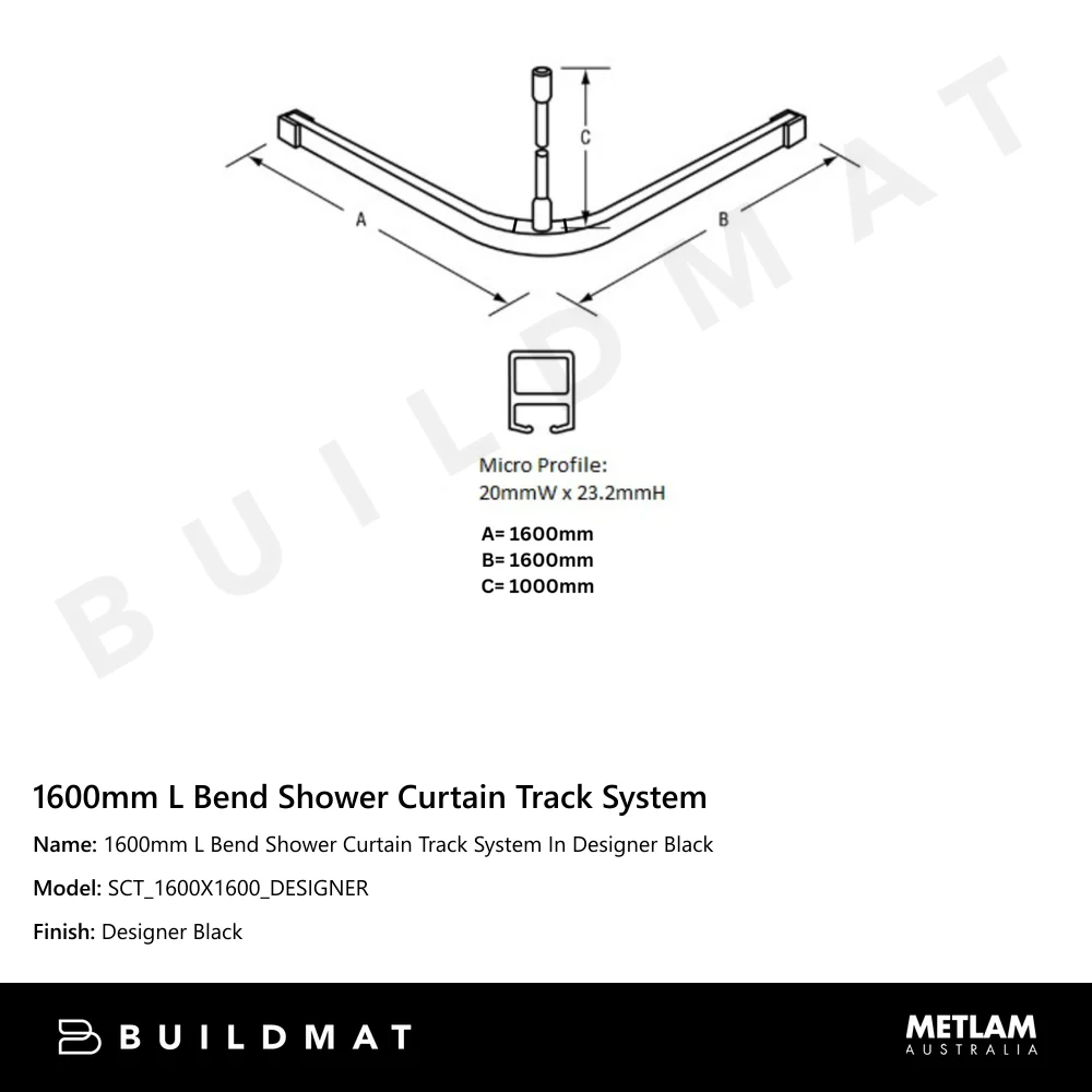 Metlam 1600mm L Bend Shower Curtain Track System In Designer Black - Image 4