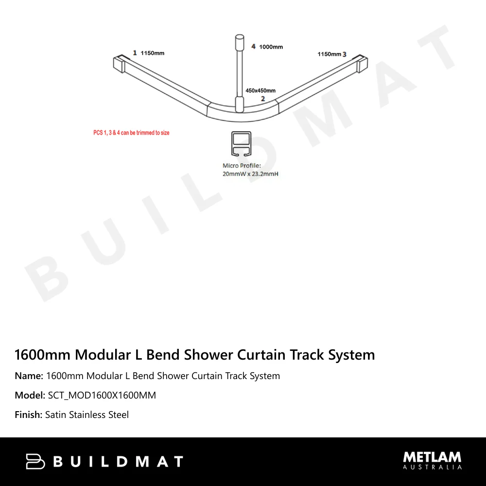 Metlam 1600mm Modular L Bend Shower Curtain Track System - Image 4
