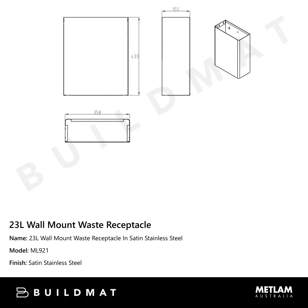 Metlam 23L Wall Mount Waste Receptacle In Satin Stainless Steel - Image 4