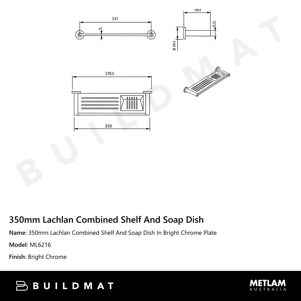Metlam 350mm Lachlan Combined Shelf And Soap Dish In Bright Chrome Plate - Image 4