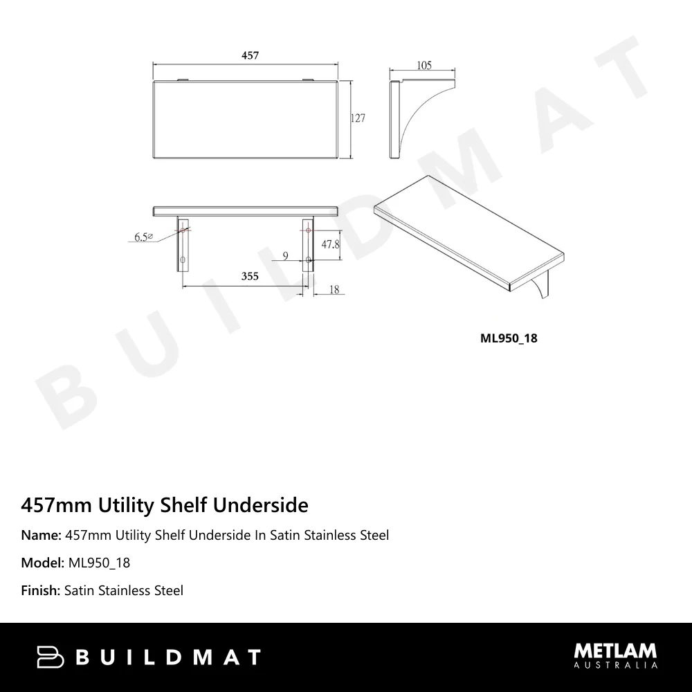 Metlam 457mm Utility Shelf Underside In Satin Stainless Steel - Image 4
