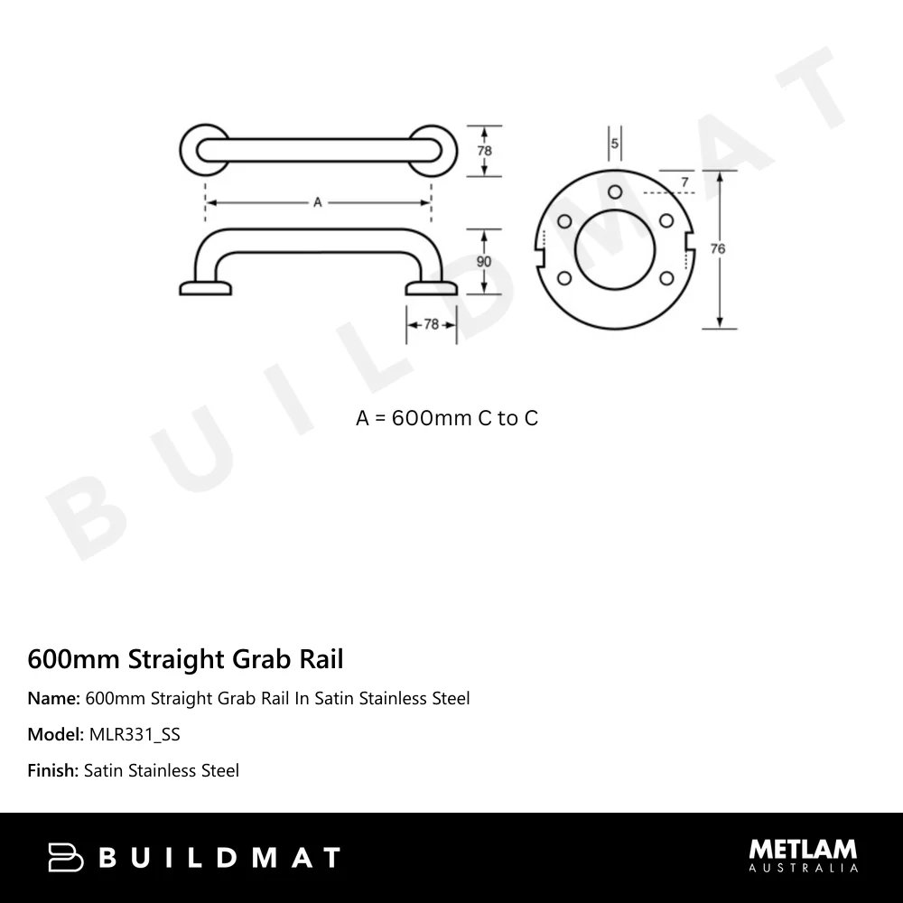 Metlam 600mm Straight Grab Rail In Satin Stainless Steel - Image 4
