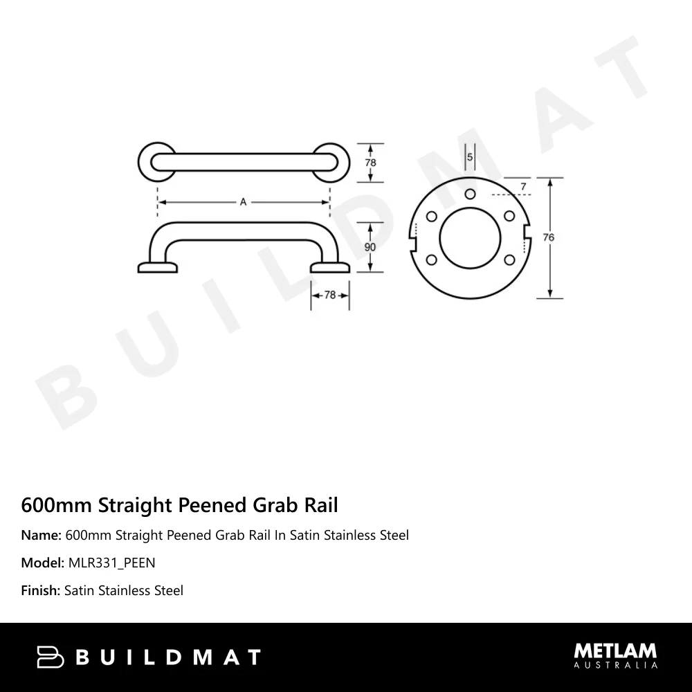 Metlam 600mm Straight Peened Grab Rail In Satin Stainless Steel - Image 4