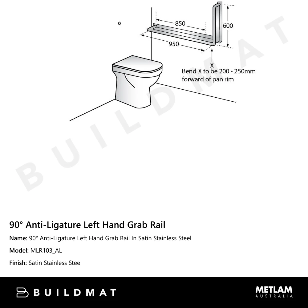 Metlam 90 Degree Anti-Ligature Left Hand Grab Rail In Satin Stainless Steel - Image 4
