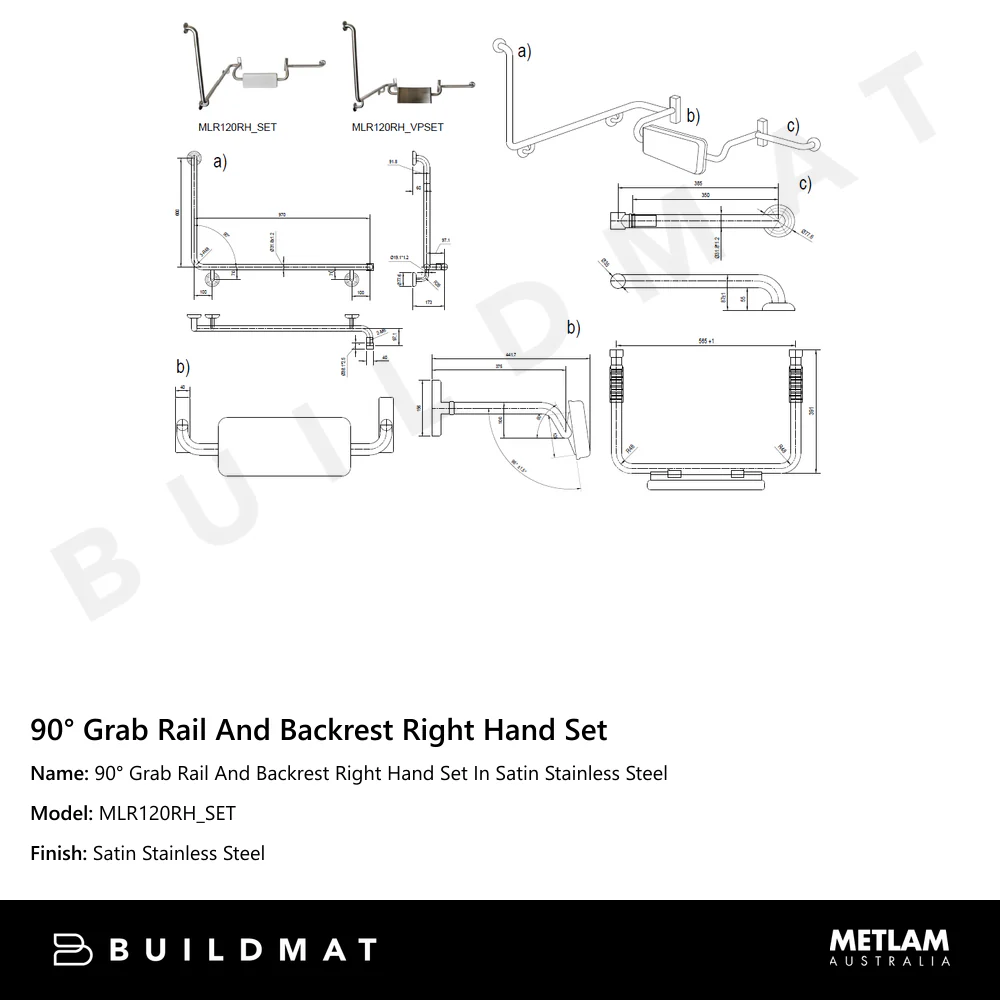 Metlam 90 Degree Grab Rail And Backrest Right Hand Set In Satin Stainless Steel - Image 4