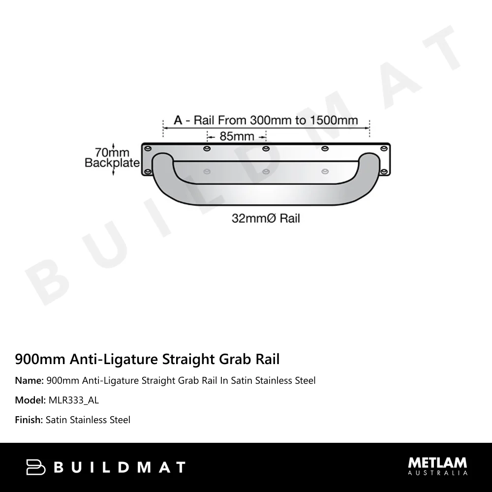 Metlam 900mm Anti-Ligature Straight Grab Rail In Satin Stainless Steel - Image 4