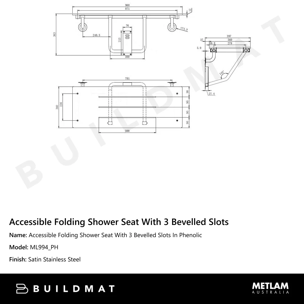Metlam Accessible Folding Shower Seat With 3 Bevelled Slots In Phenolic - Image 4