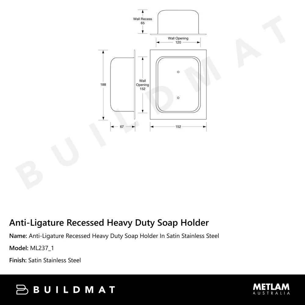 Metlam Anti-Ligature Recessed Heavy Duty Soap Holder In Satin Stainless Steel - Image 4
