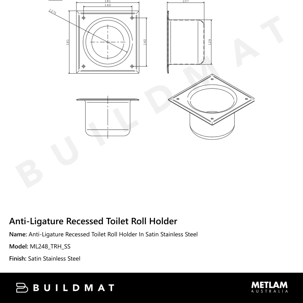Metlam Anti-Ligature Recessed Toilet Roll Holder In Satin Stainless Steel - Image 4