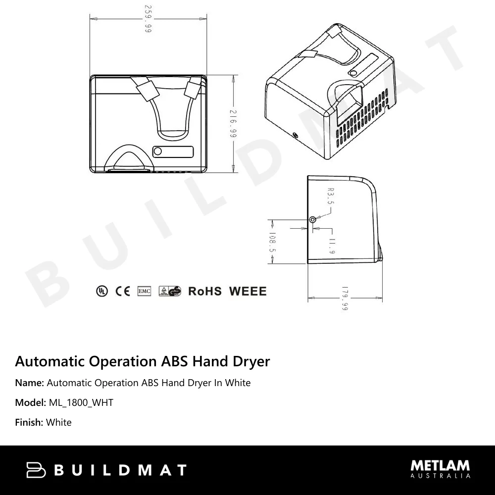Metlam Automatic Operation ABS Hand Dryer In White - Image 4