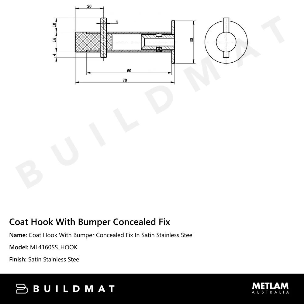 Metlam Coat Hook With Bumper Concealed Fix In Satin Stainless Steel - Image 4