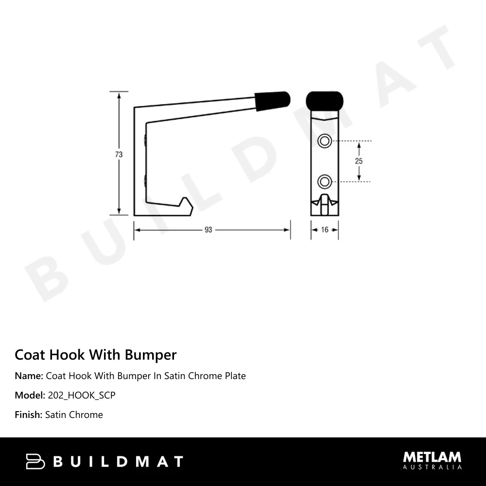 Metlam Coat Hook With Bumper In Satin Chrome Plate - Image 4