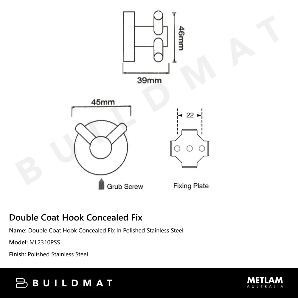 Metlam Double Coat Hook Concealed Fix In Polished Stainless Steel - Image 4