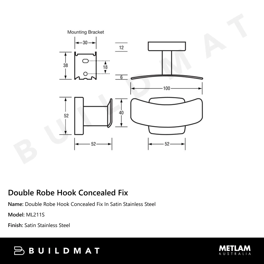 Metlam Double Robe Hook Concealed Fix In Satin Stainless Steel - Image 4