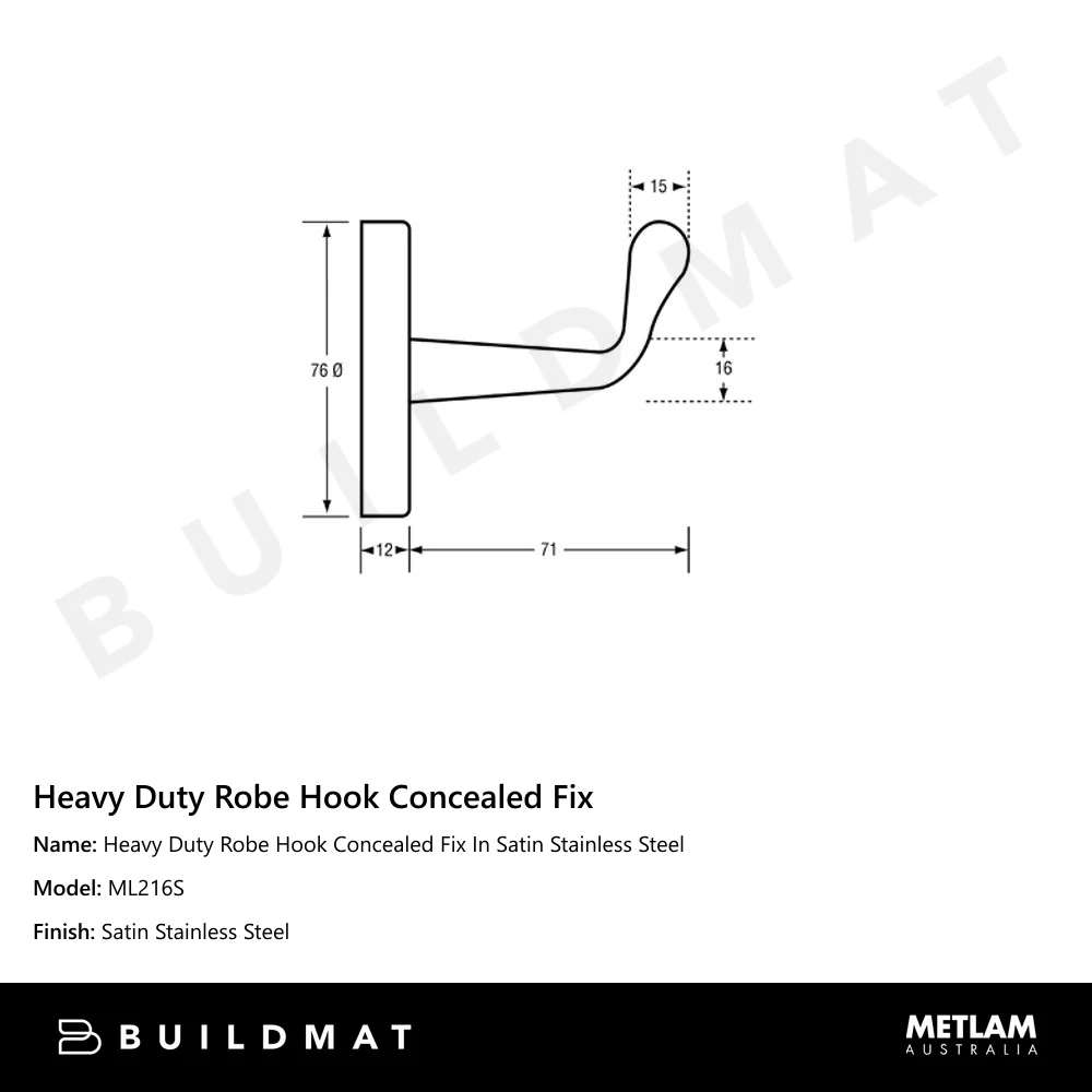 Metlam Heavy Duty Robe Hook Concealed Fix In Satin Stainless Steel - Image 4