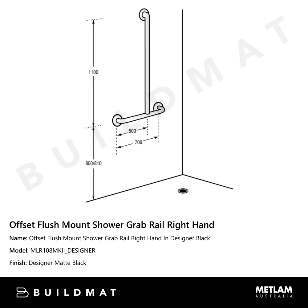 Metlam Offset Flush Mount Shower Grab Rail Right Hand In Designer Black - Image 4