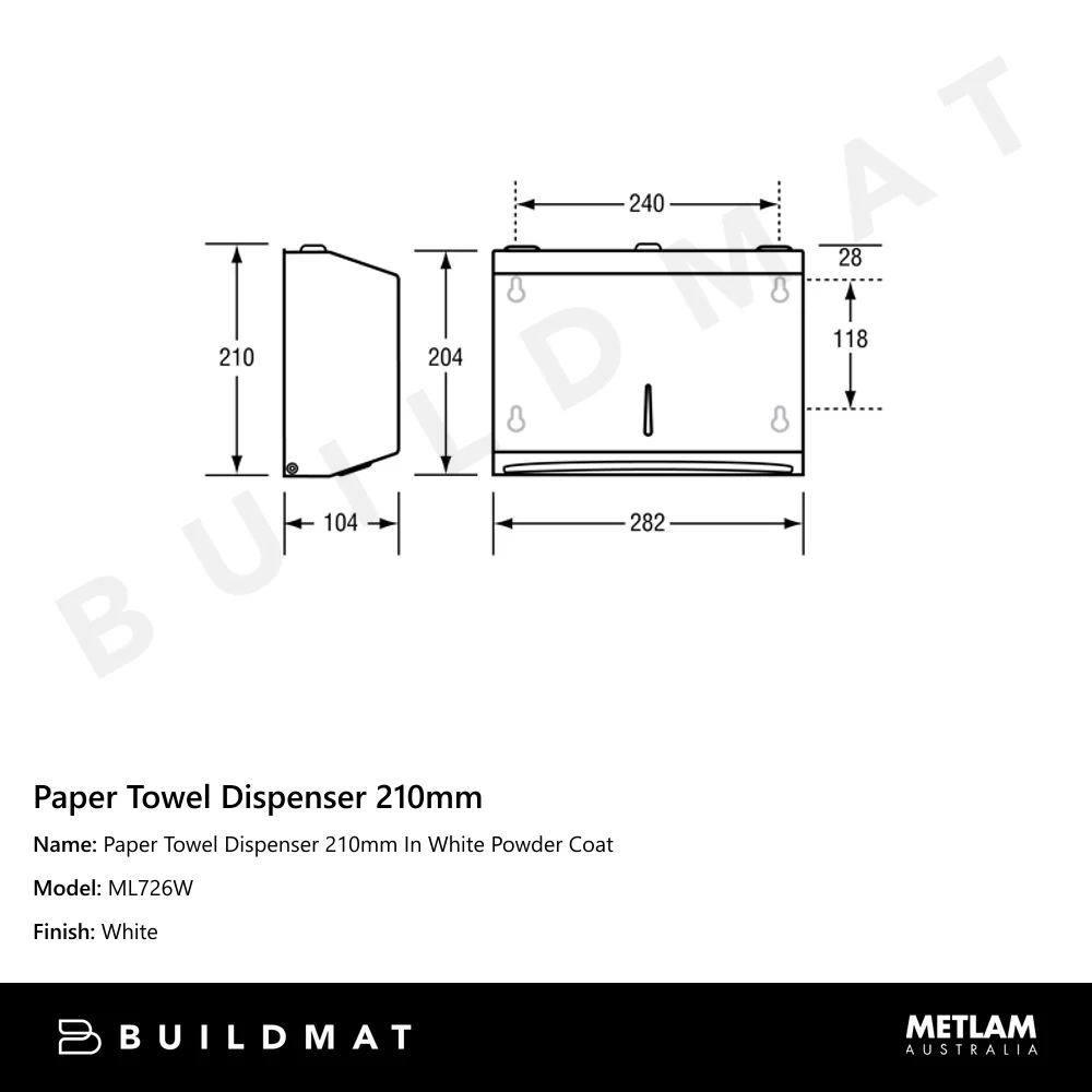 Metlam Paper Towel Dispenser 210mm In White Powder Coat - Image 4