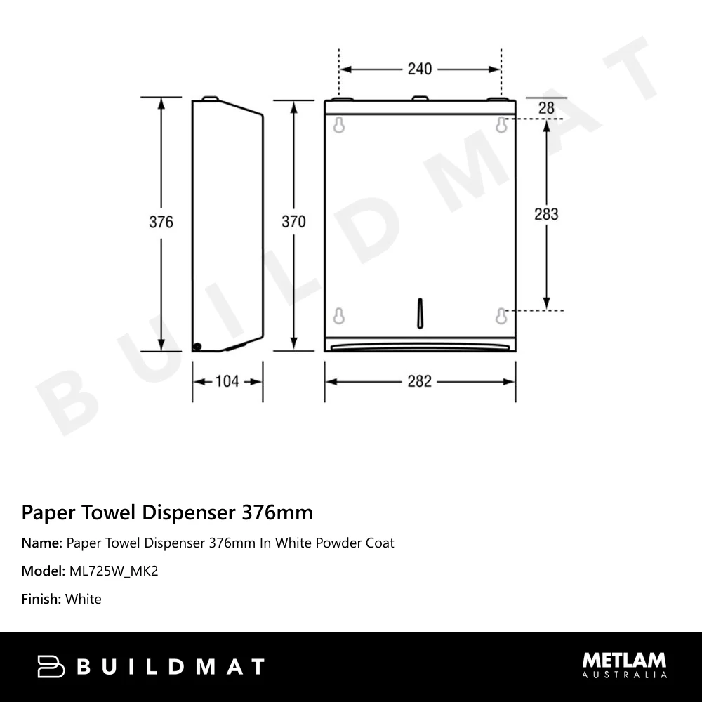 Metlam Paper Towel Dispenser 376mm In White Powder Coat - Image 4