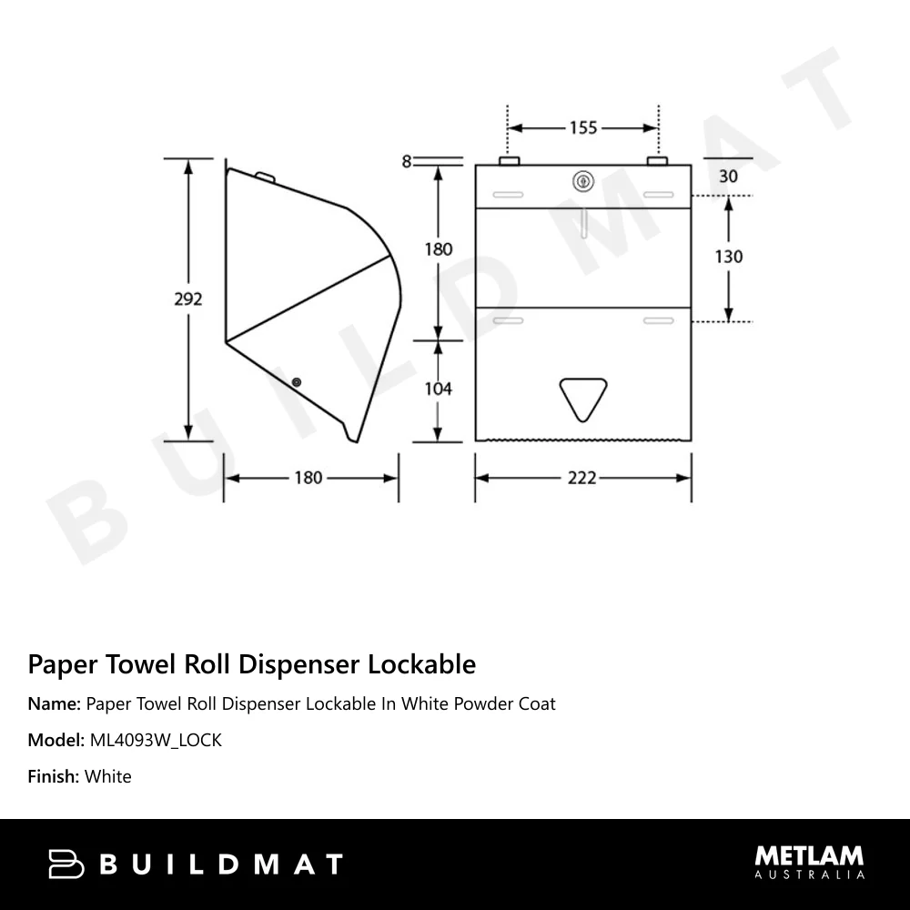 Metlam Paper Towel Roll Dispenser Lockable In White Powder Coat - Image 4