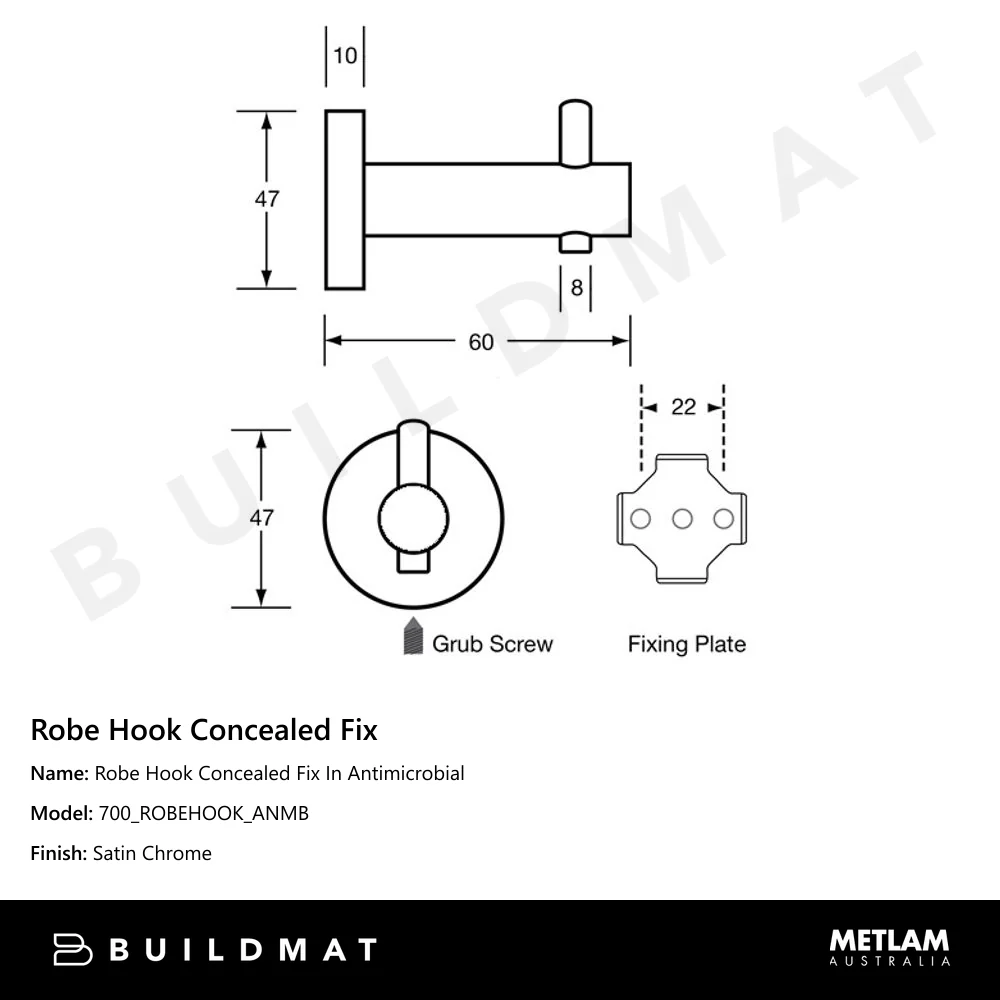 Metlam Robe Hook Concealed Fix In Antimicrobial - Image 4